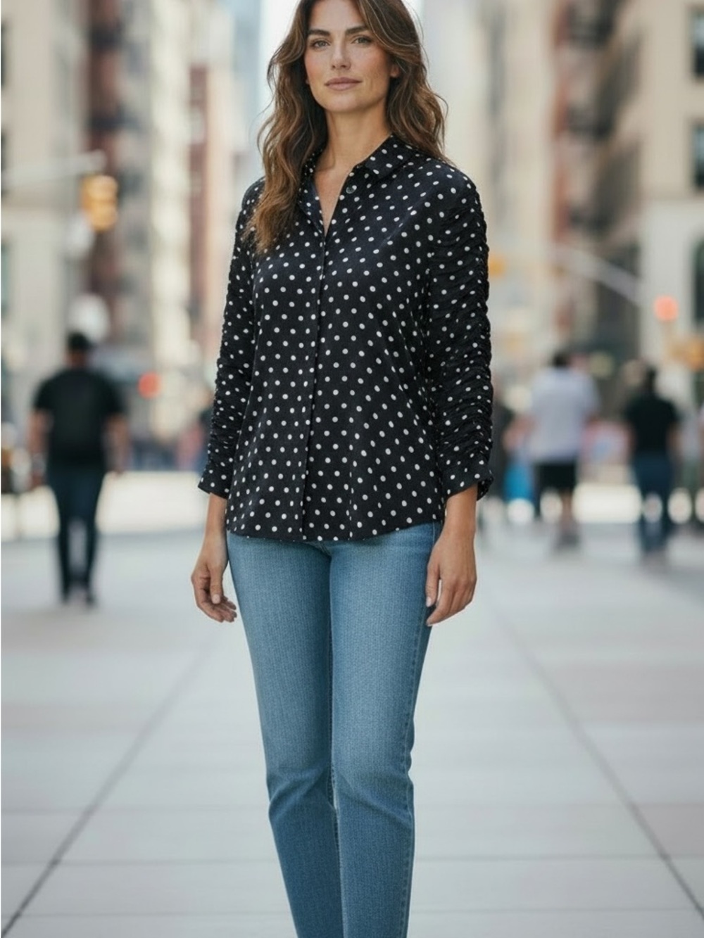 Susan Graver Black White Polka Dot Button Front 3/4 Ruched Sleeve Shirt Size XL
